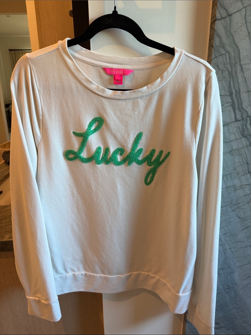 Lilly Pulitzer White Crewneck Sweater with Green "Lucky" Script
